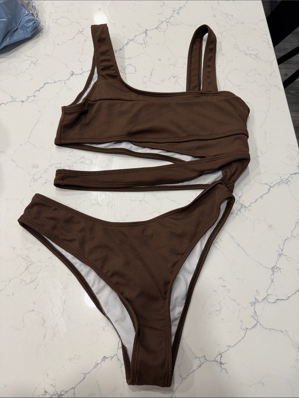 SHEIN Chocolate Brown One-Shoulder Cutout Bikini